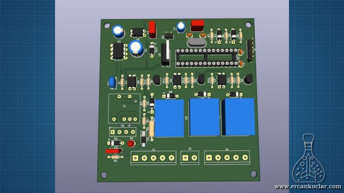 Ozon üreteci PCB sinin 3D görüntüsü KiCAD den görülmektedir., ozone